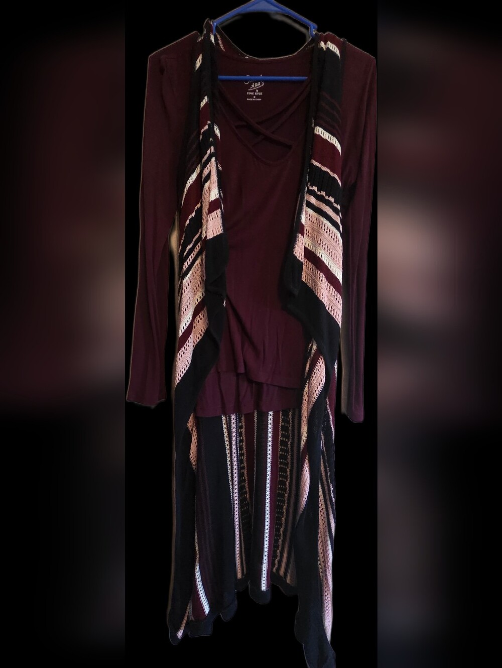 Pink Rose Burgundy, Pink and Black Striped Open-Front Knit Cardigan